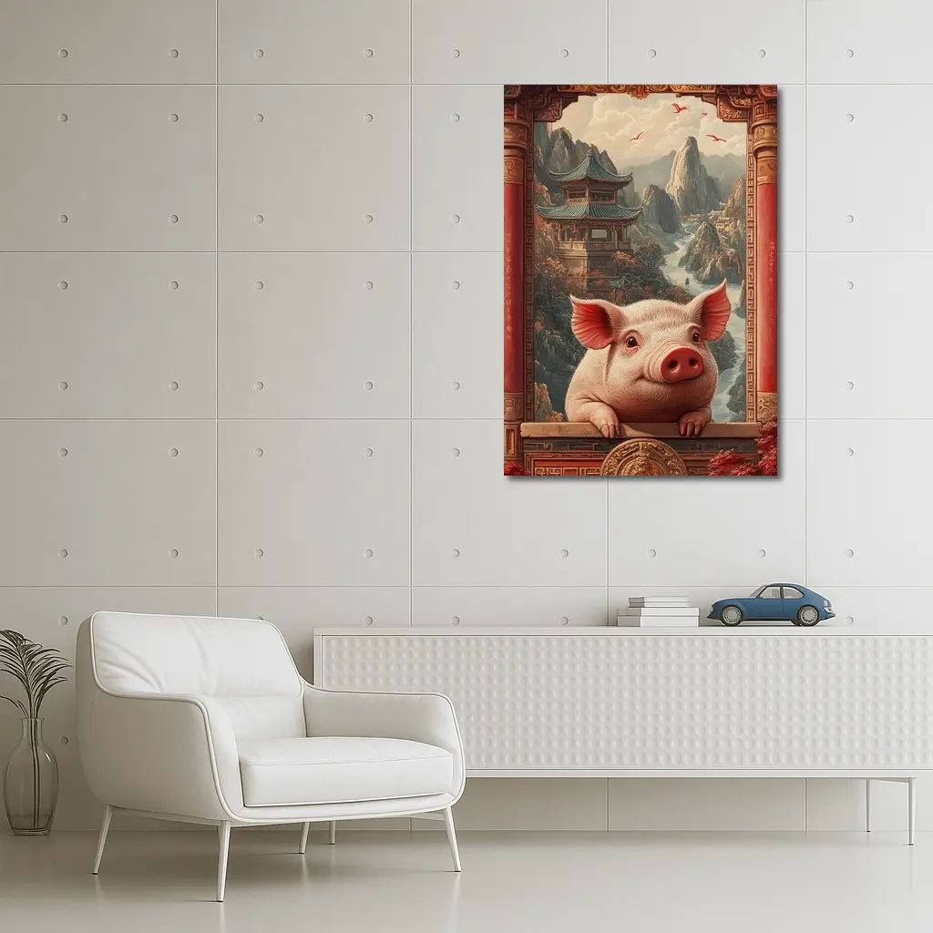 Pig Chinese Temple Mountain Landscape Art – Wall Art