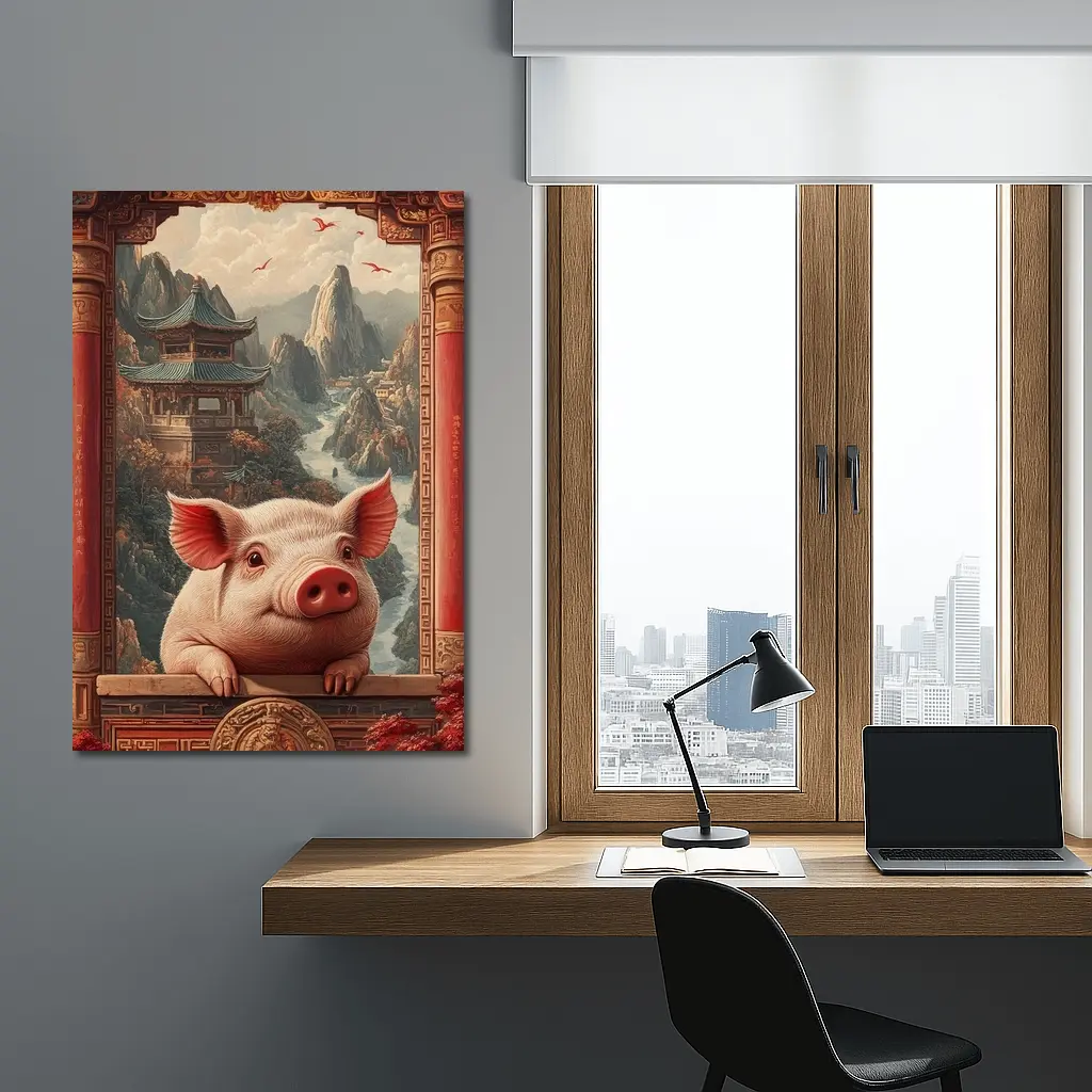 Pig Chinese Temple Mountain Landscape Art – Wall Art