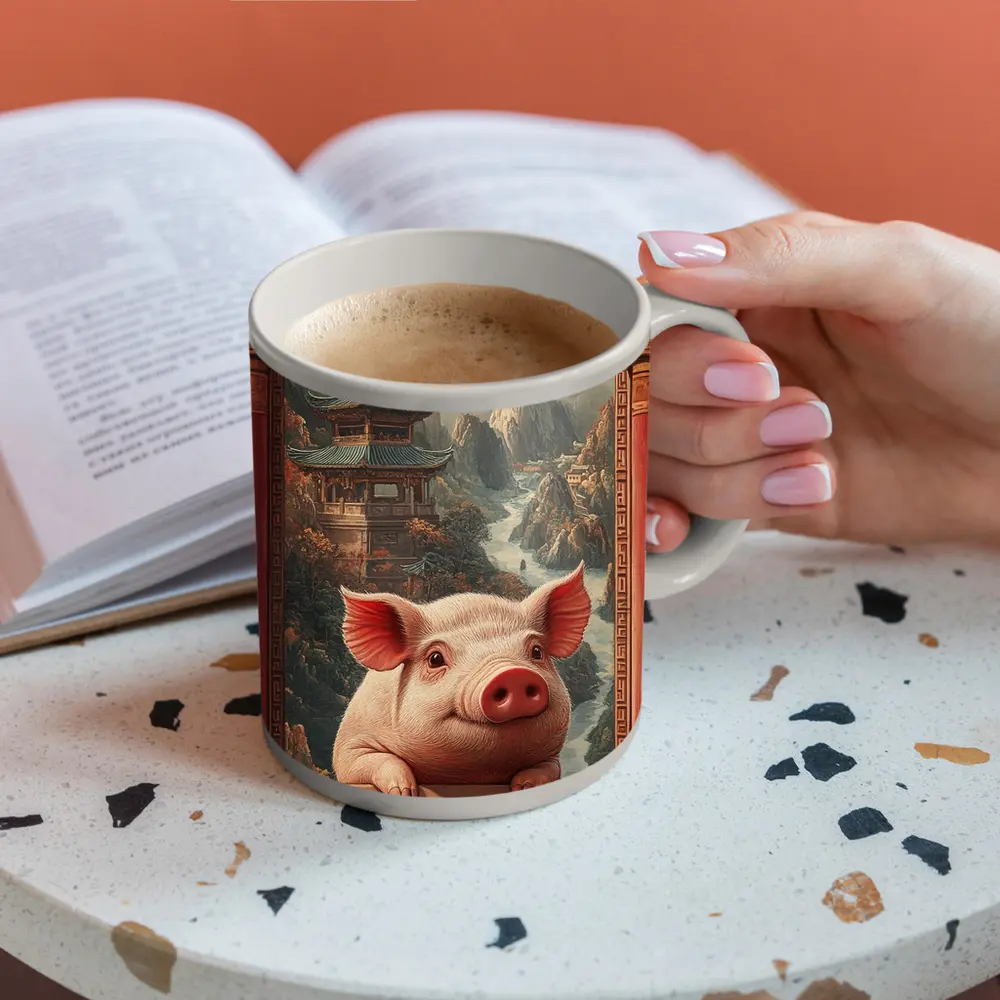 Pig Chinese Temple Mountain Landscape Art – Mugs