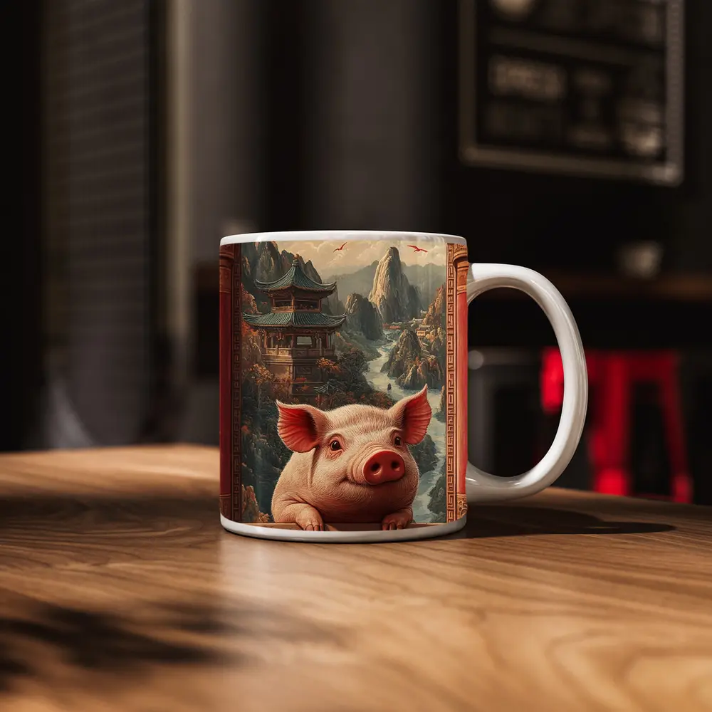 Pig Chinese Temple Mountain Landscape Art – Mugs