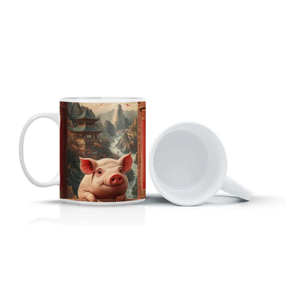Pig Chinese Temple Mountain Landscape Art – Mugs