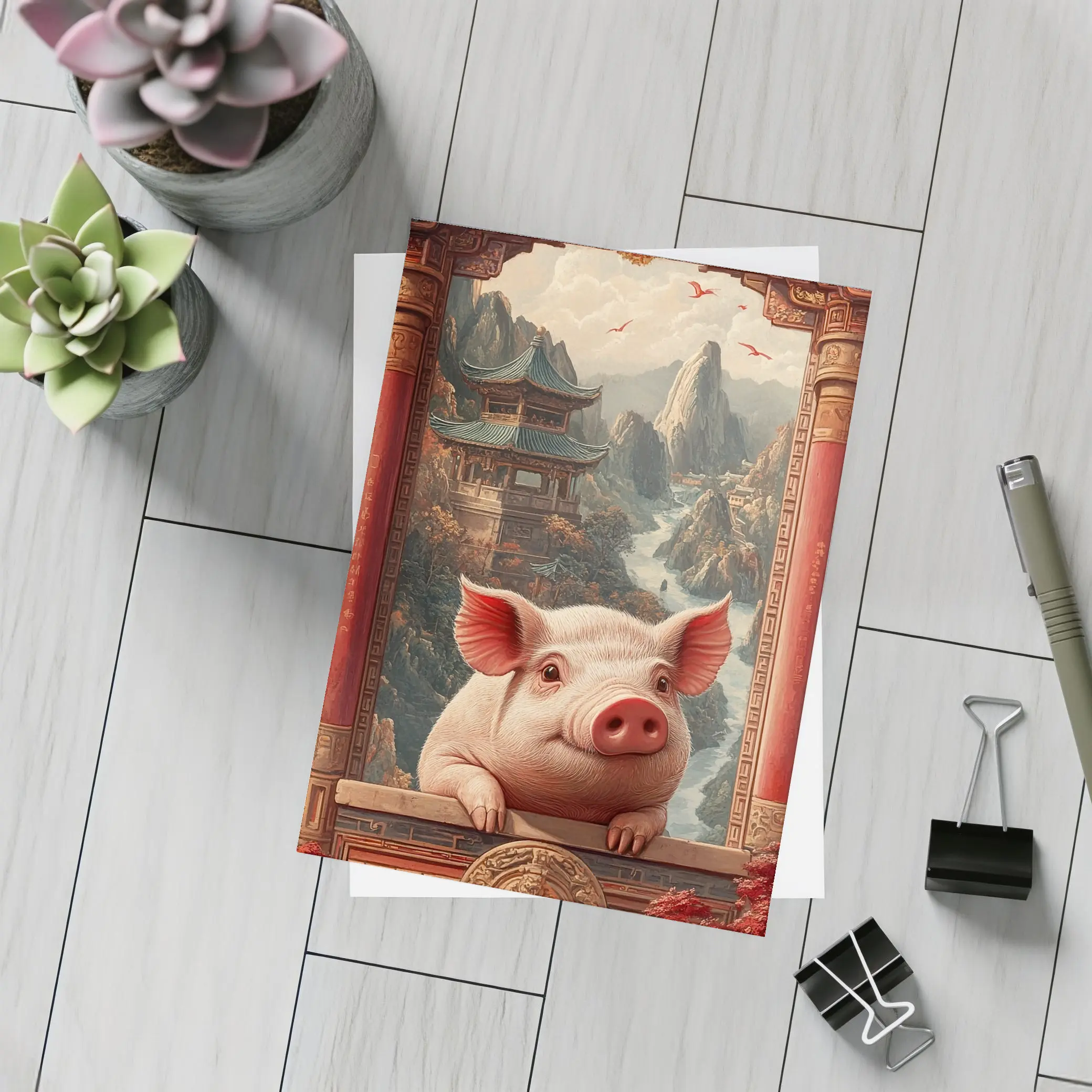 Pig Chinese Temple Mountain Landscape Art – Postcards