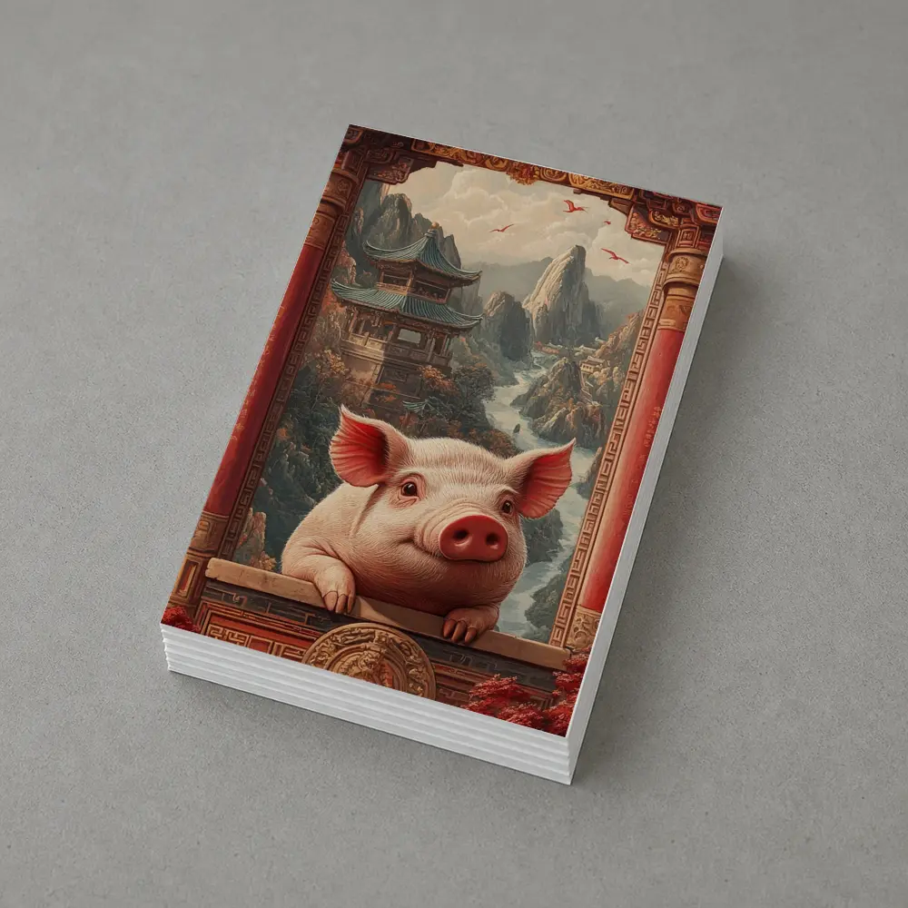 Pig Chinese Temple Mountain Landscape Art – Postcards