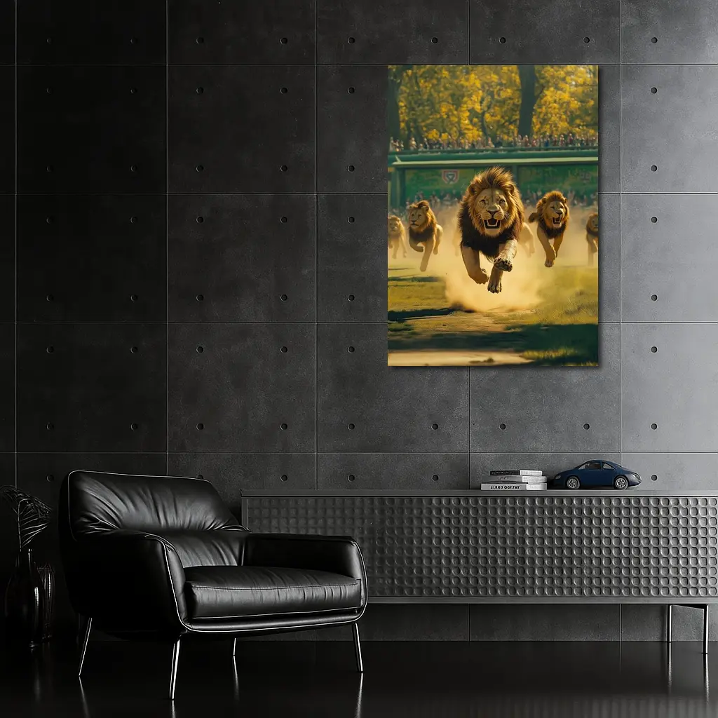 Lions Running Across Sunlit Park Ground – Wall Art