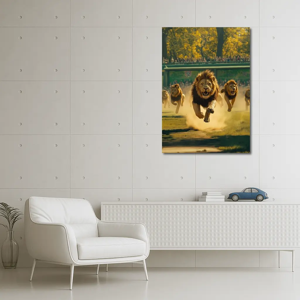 Lions Running Across Sunlit Park Ground – Wall Art