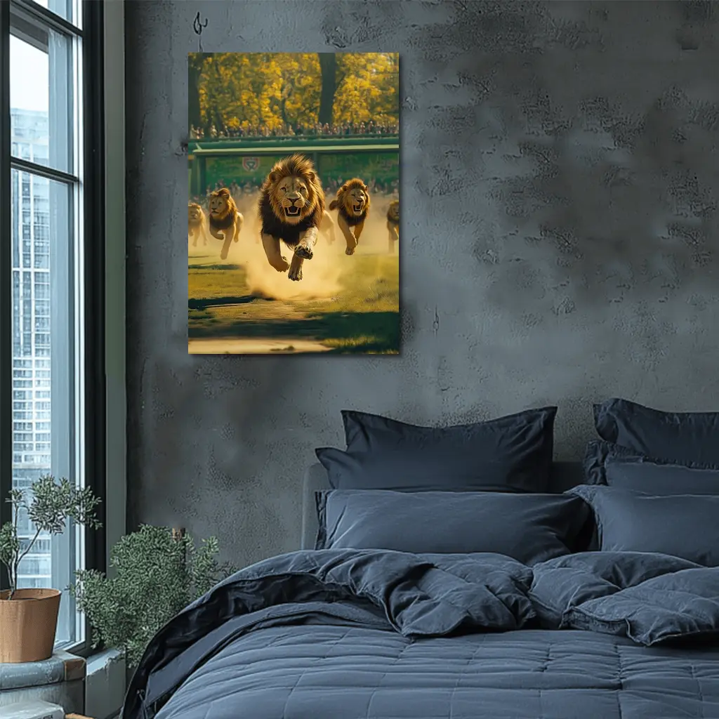 Lions Running Across Sunlit Park Ground – Wall Art