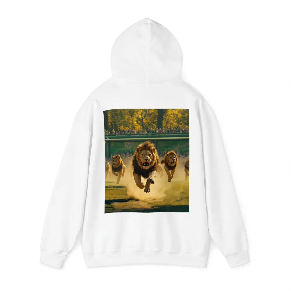 Lions Running Across Sunlit Park Ground – Hoodies