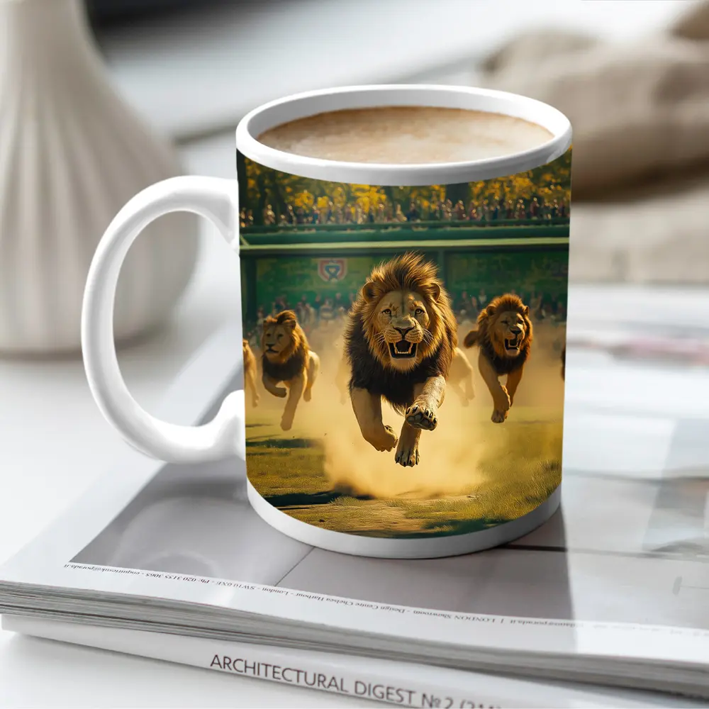 Lions Running Across Sunlit Park Ground – Mugs