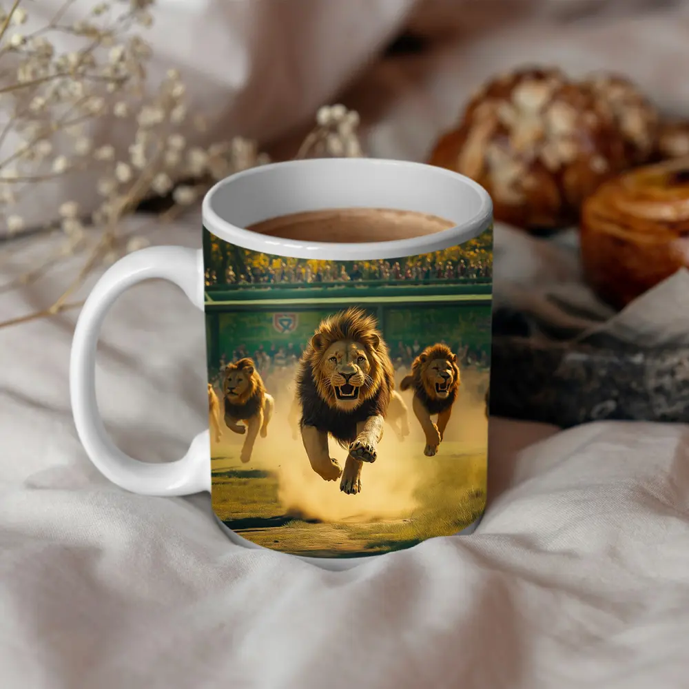 Lions Running Across Sunlit Park Ground – Mugs