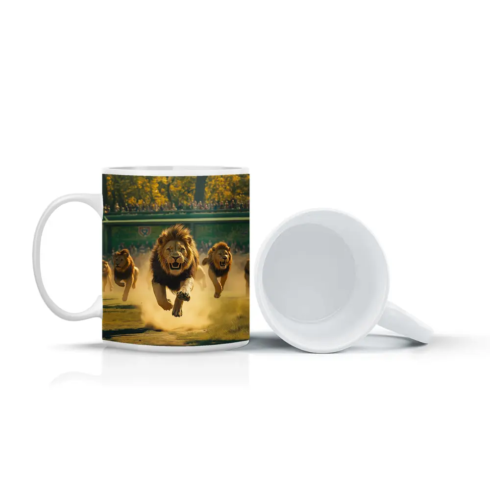 Lions Running Across Sunlit Park Ground – Mugs