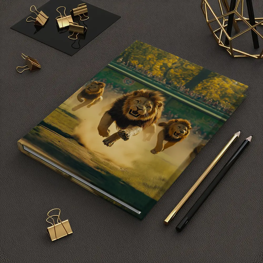 Lions Running Across Sunlit Park Ground – Notebooks