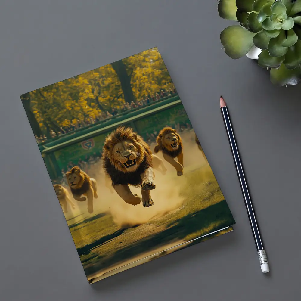 Lions Running Across Sunlit Park Ground – Notebooks