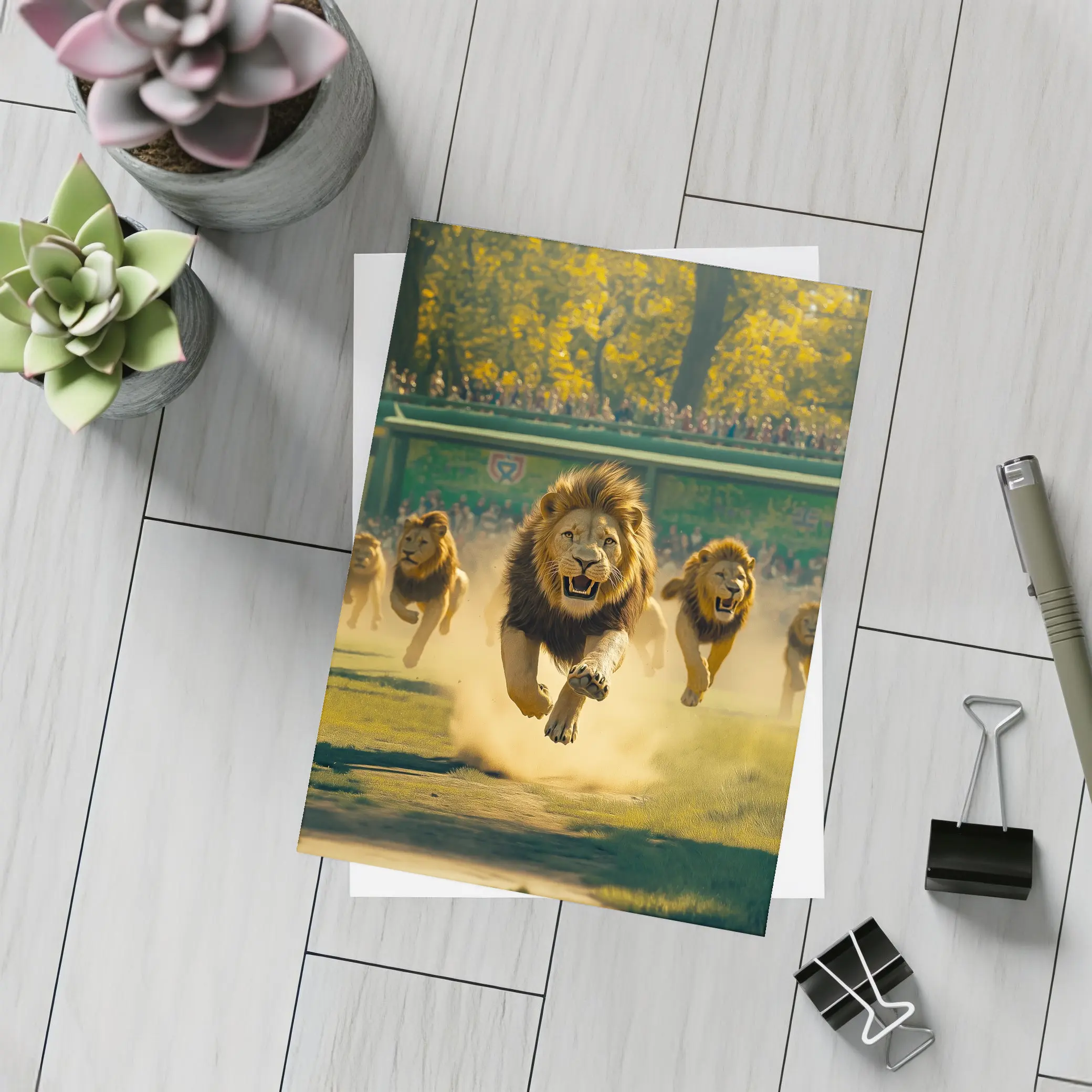 Lions Running Across Sunlit Park Ground – Postcards