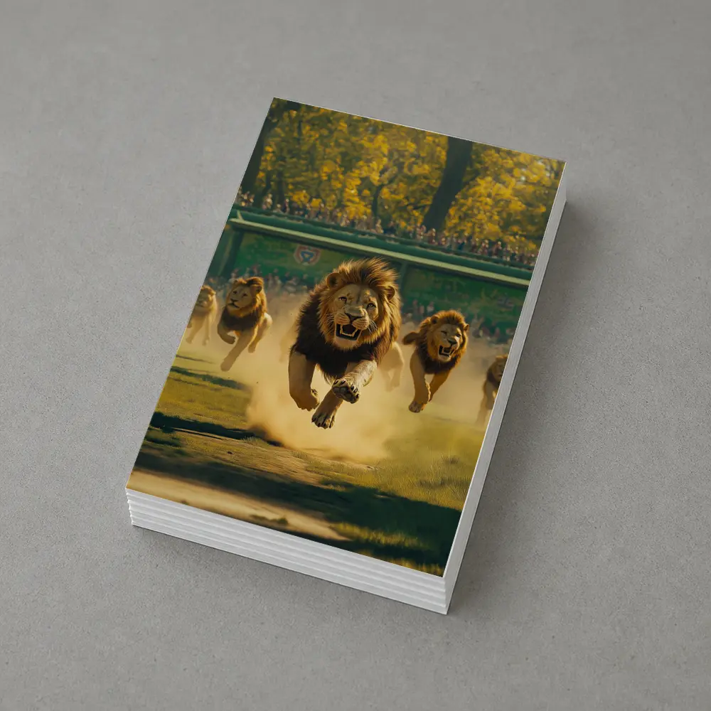 Lions Running Across Sunlit Park Ground – Postcards