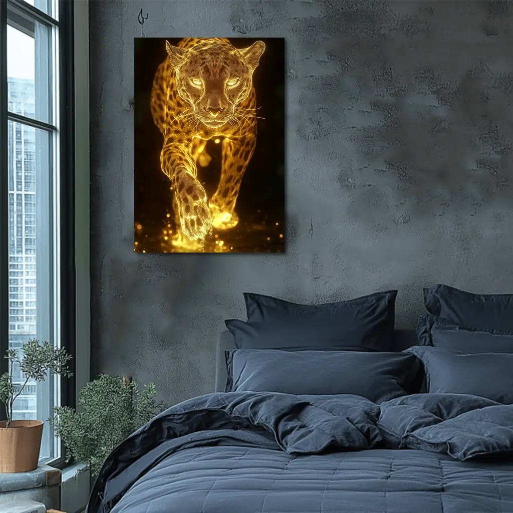 Golden Glowing Leopard Running On Dark Background – Wall Art
