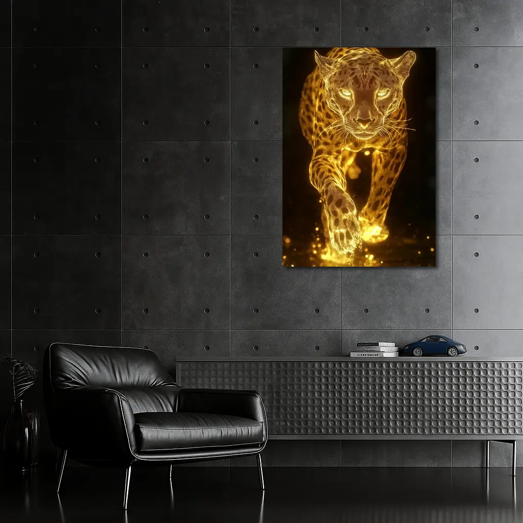 Golden Glowing Leopard Running On Dark Background – Wall Art
