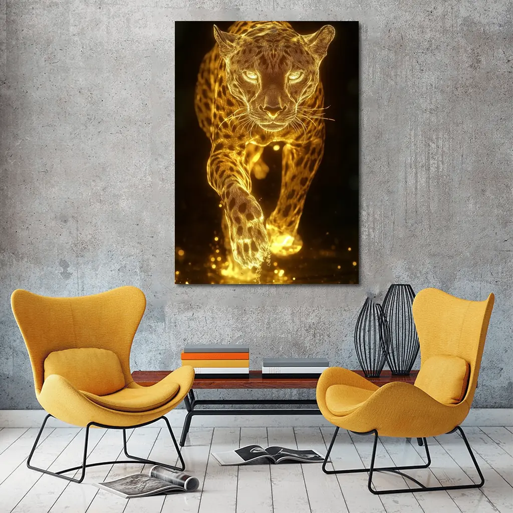 Golden Glowing Leopard Running On Dark Background – Wall Art