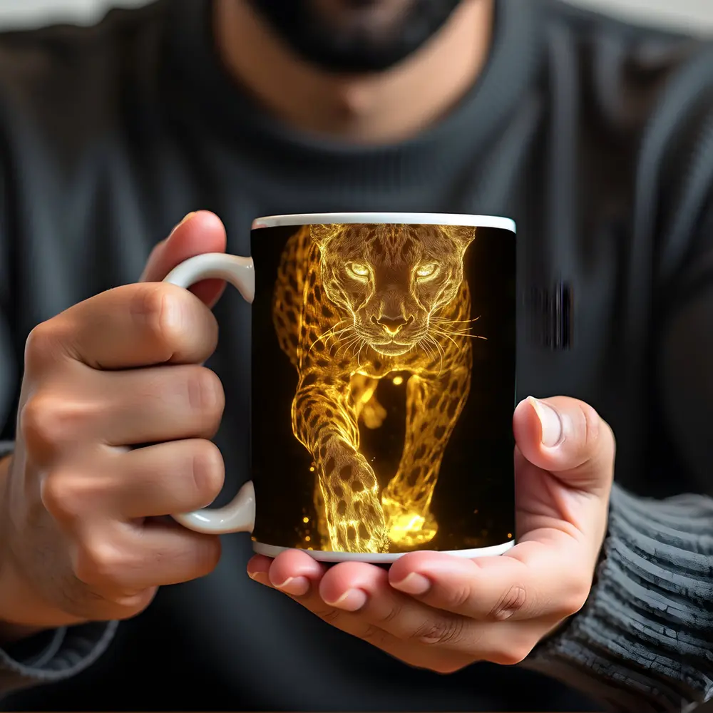 Golden Glowing Leopard Running On Dark Background – Mugs