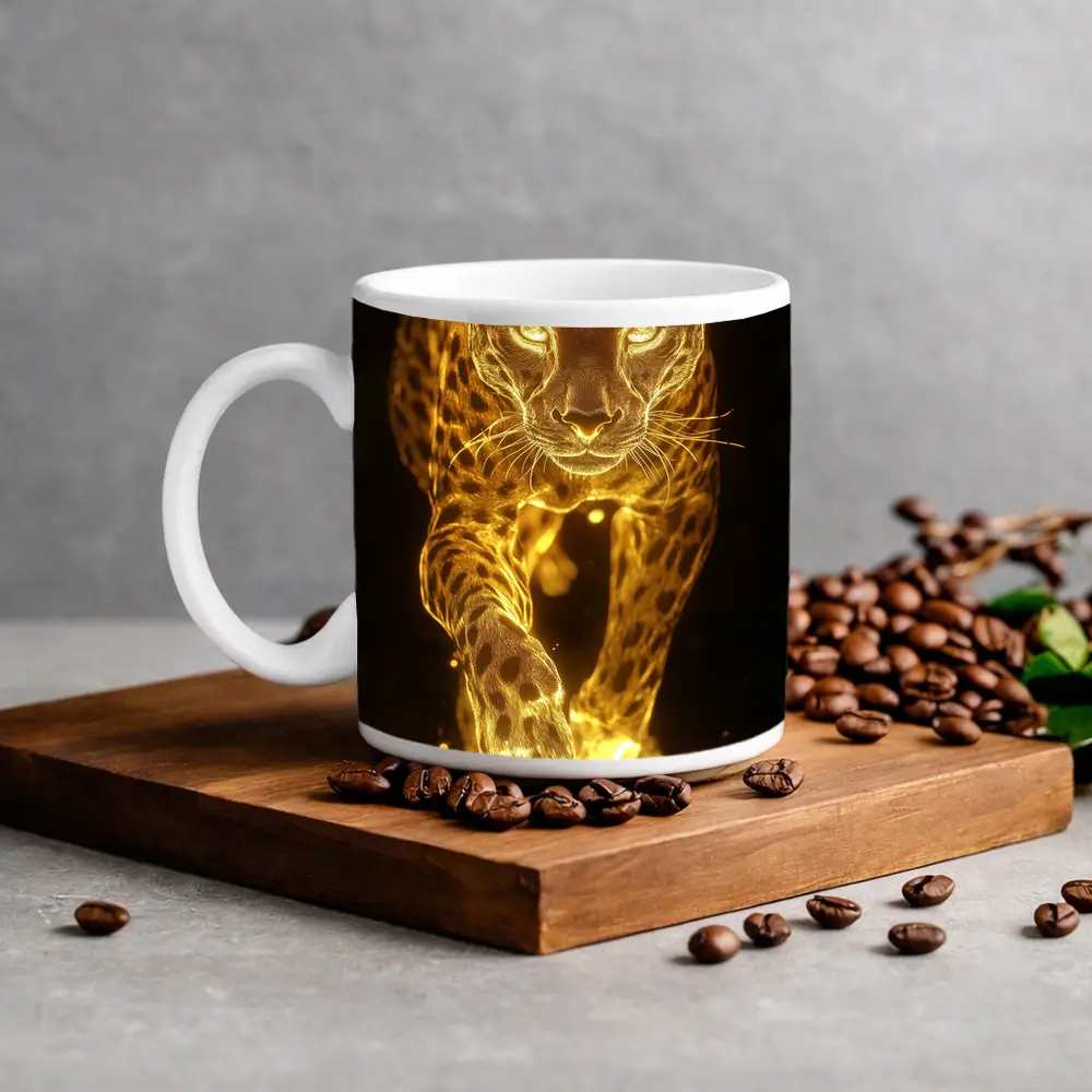 Golden Glowing Leopard Running On Dark Background – Mugs