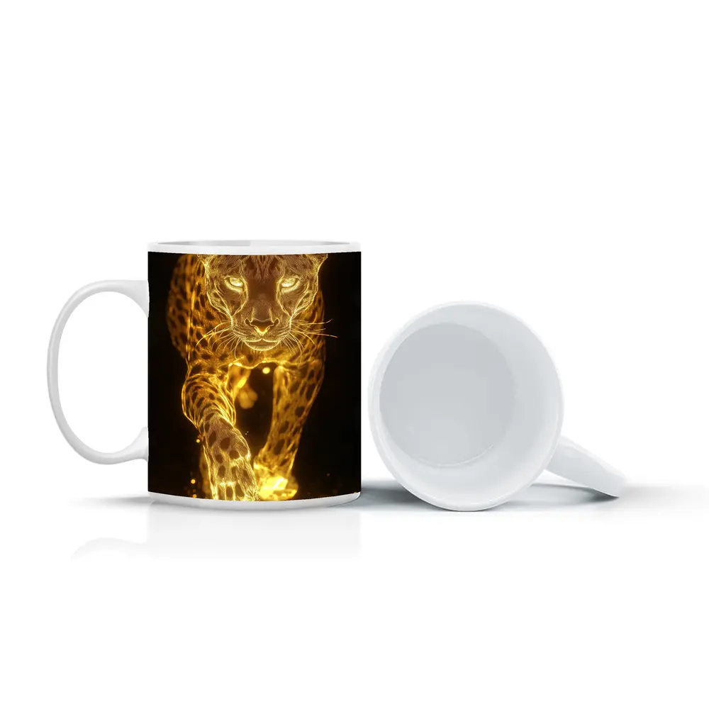 Golden Glowing Leopard Running On Dark Background – Mugs