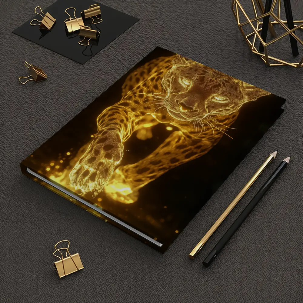 Golden Glowing Leopard Running On Dark Background – Notebooks