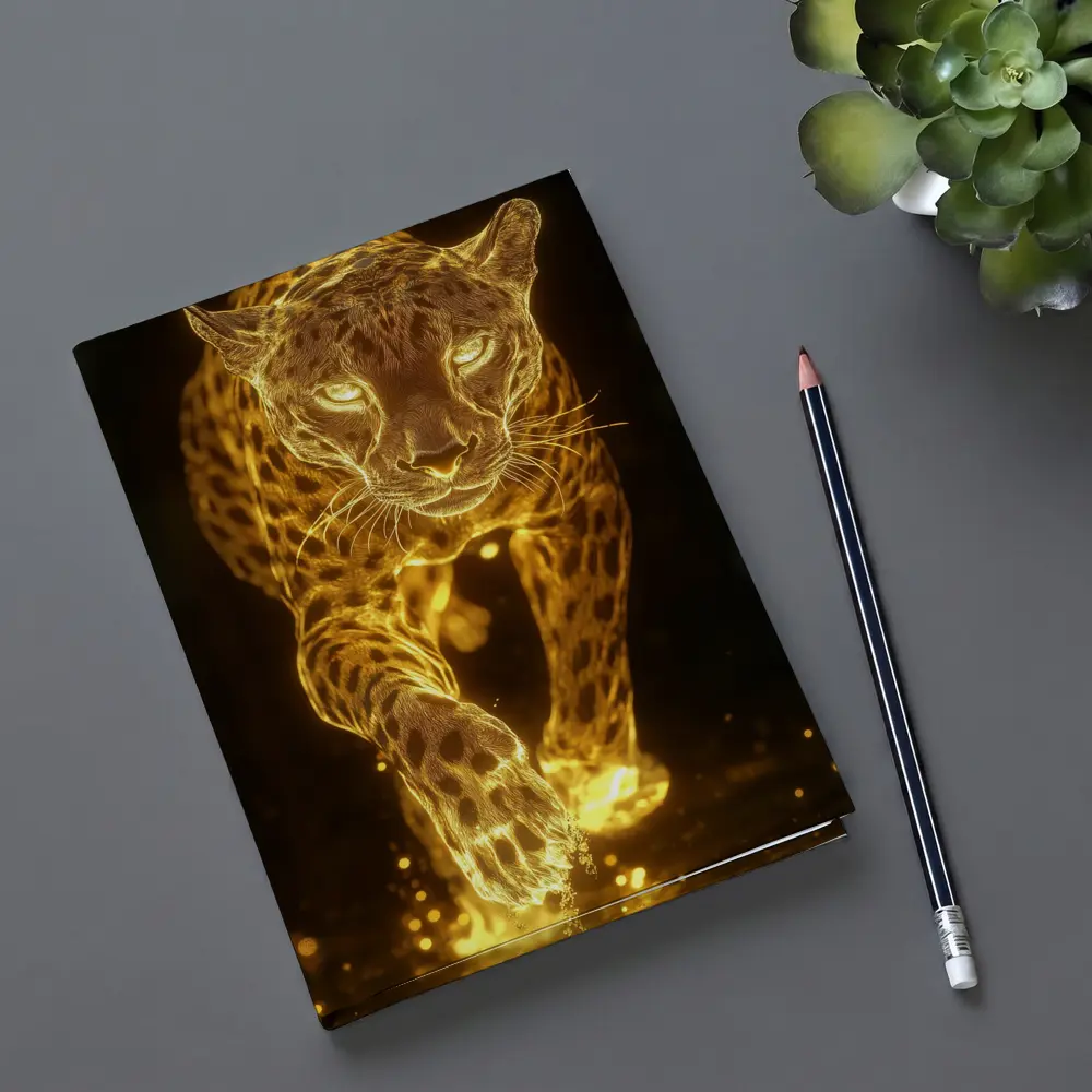 Golden Glowing Leopard Running On Dark Background – Notebooks