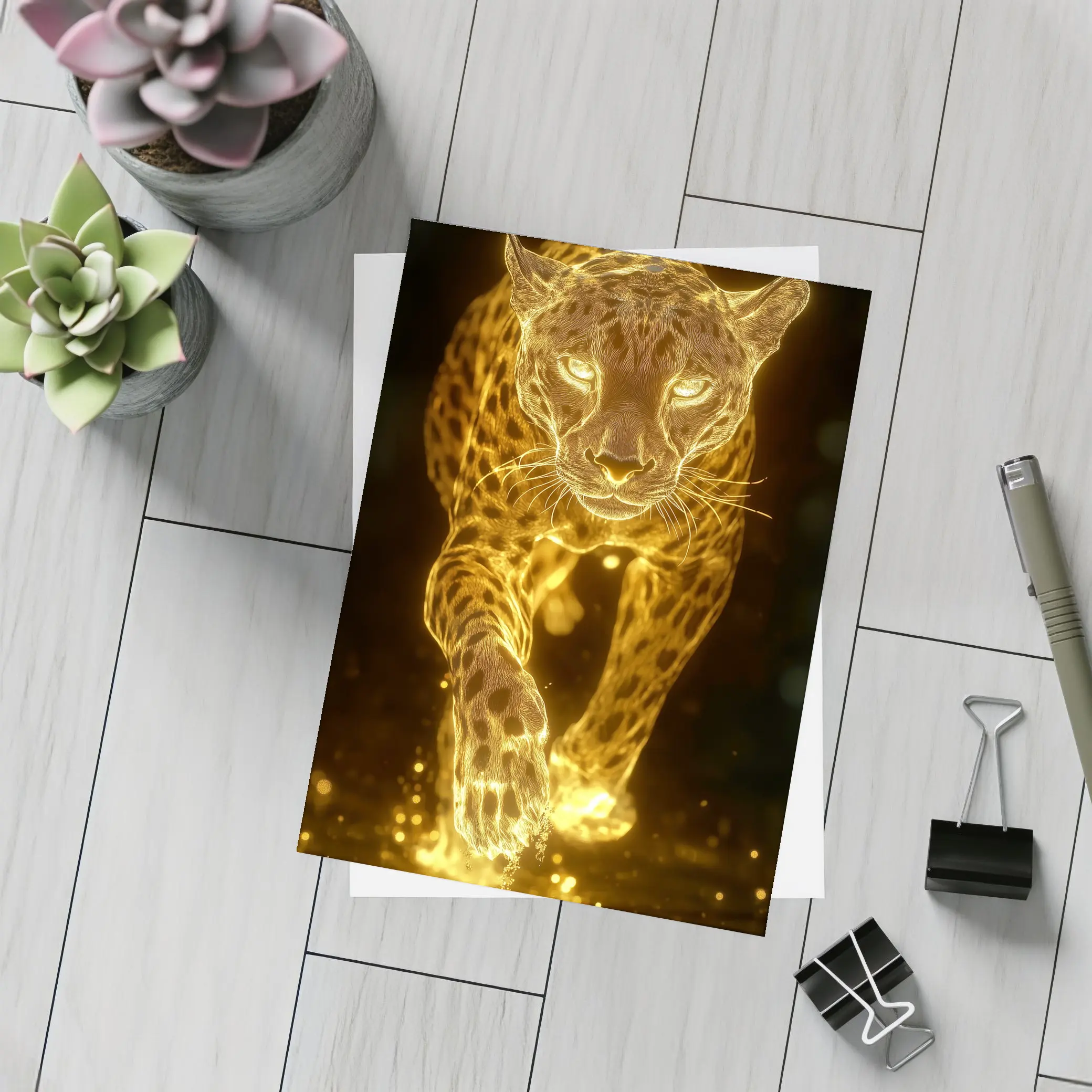 Golden Glowing Leopard Running On Dark Background – Postcards