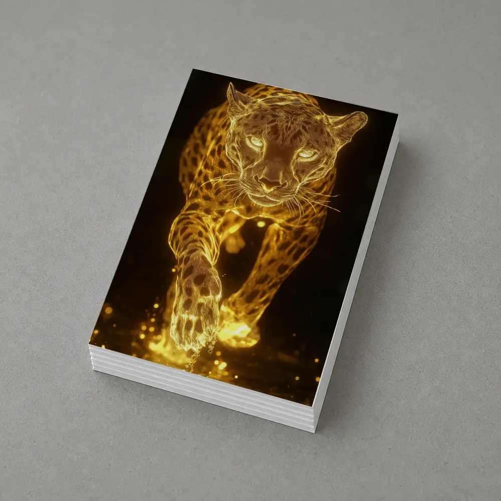 Golden Glowing Leopard Running On Dark Background – Postcards