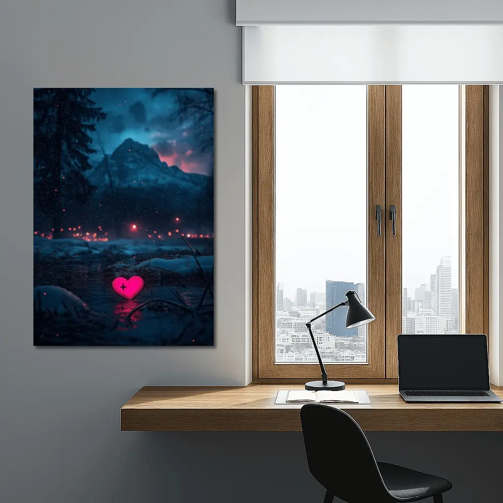 Neon Pink Heart Glowing Snowy Mountain Night – Wall Art