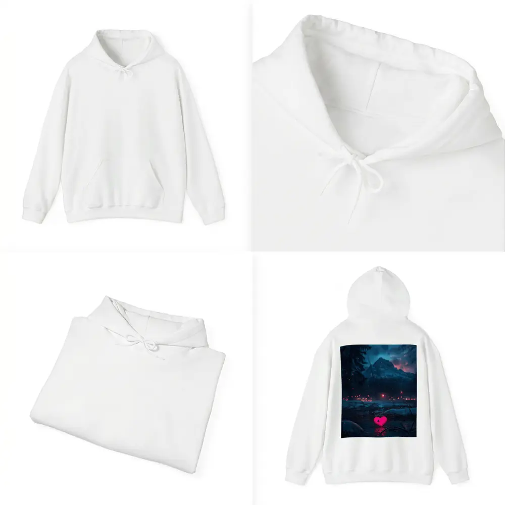 Neon Pink Heart Glowing Snowy Mountain Night – Hoodies