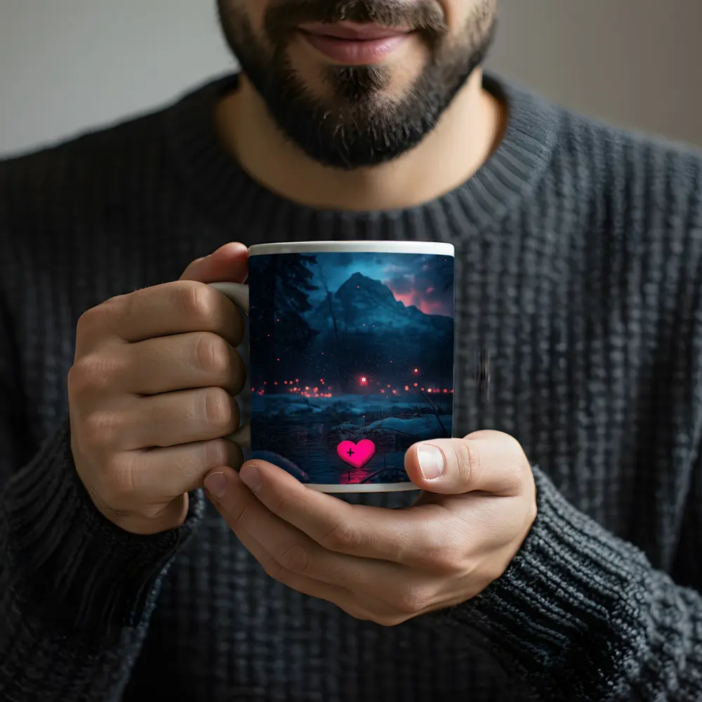 Neon Pink Heart Glowing Snowy Mountain Night – Mugs