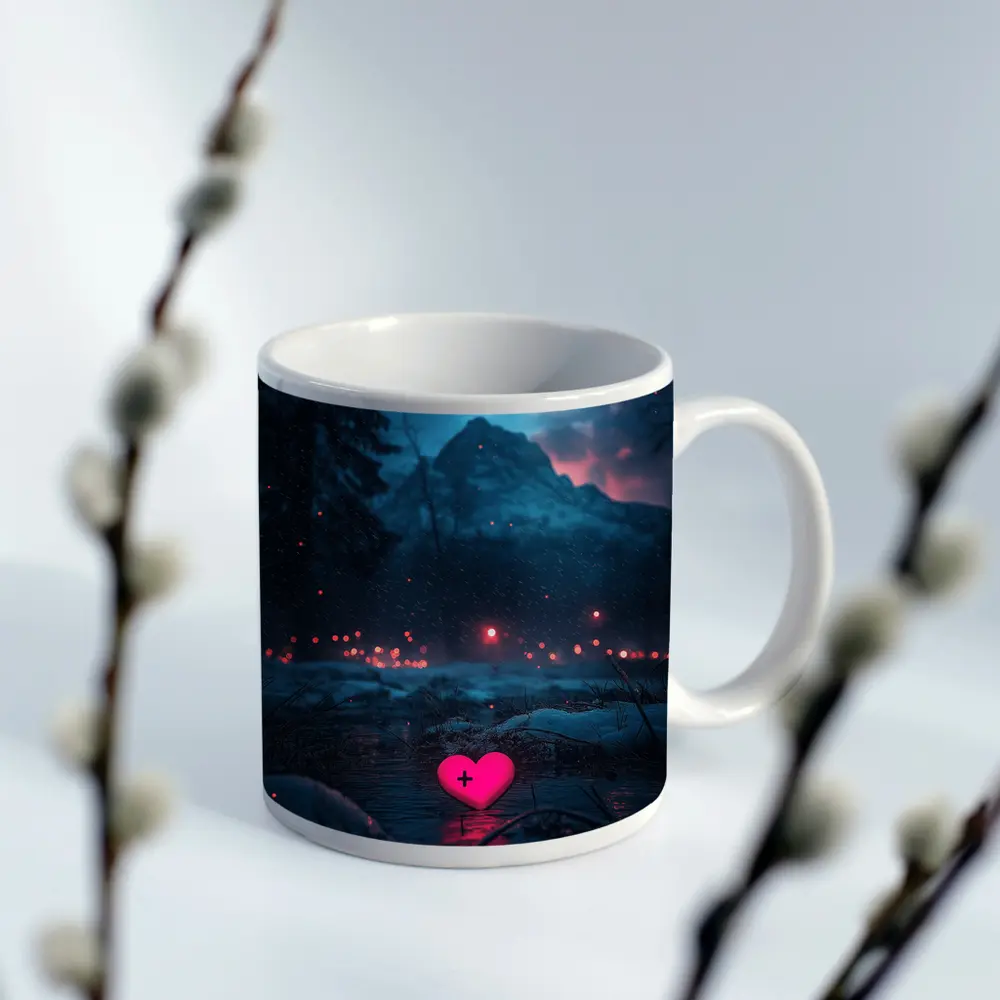 Neon Pink Heart Glowing Snowy Mountain Night – Mugs