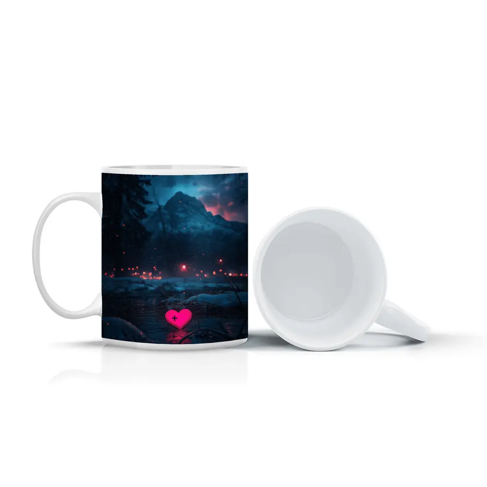 Neon Pink Heart Glowing Snowy Mountain Night – Mugs