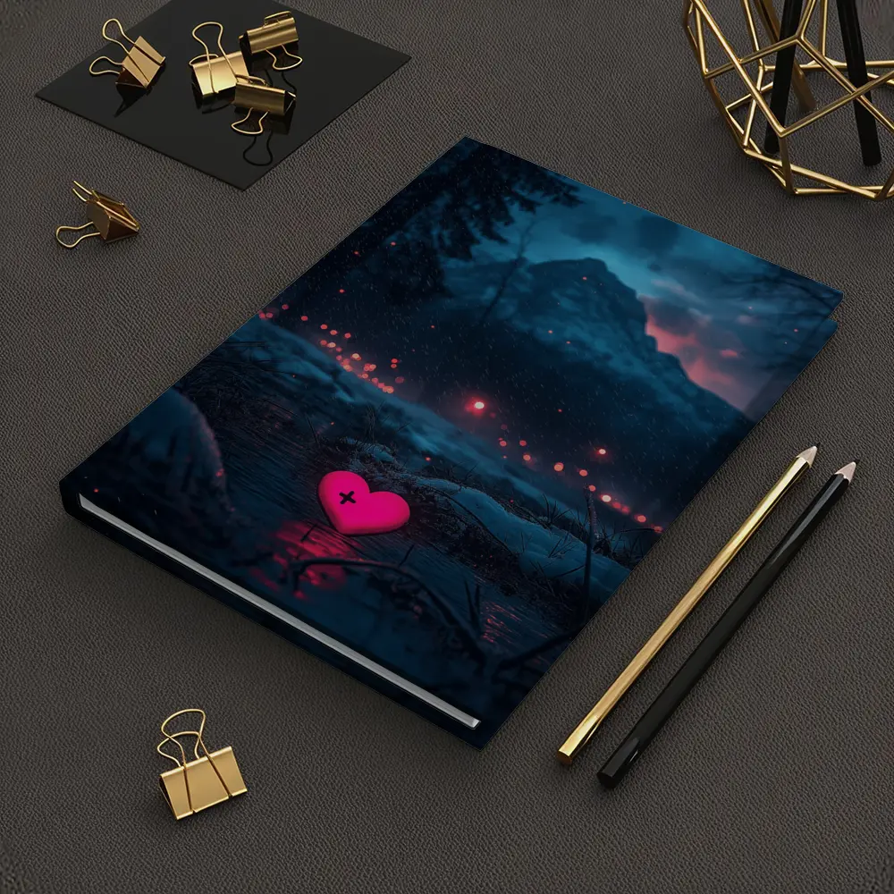 Neon Pink Heart Glowing Snowy Mountain Night – Notebooks