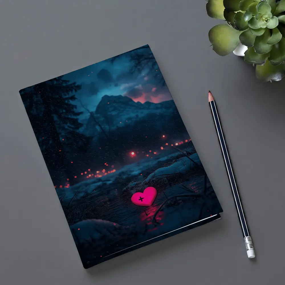 Neon Pink Heart Glowing Snowy Mountain Night – Notebooks