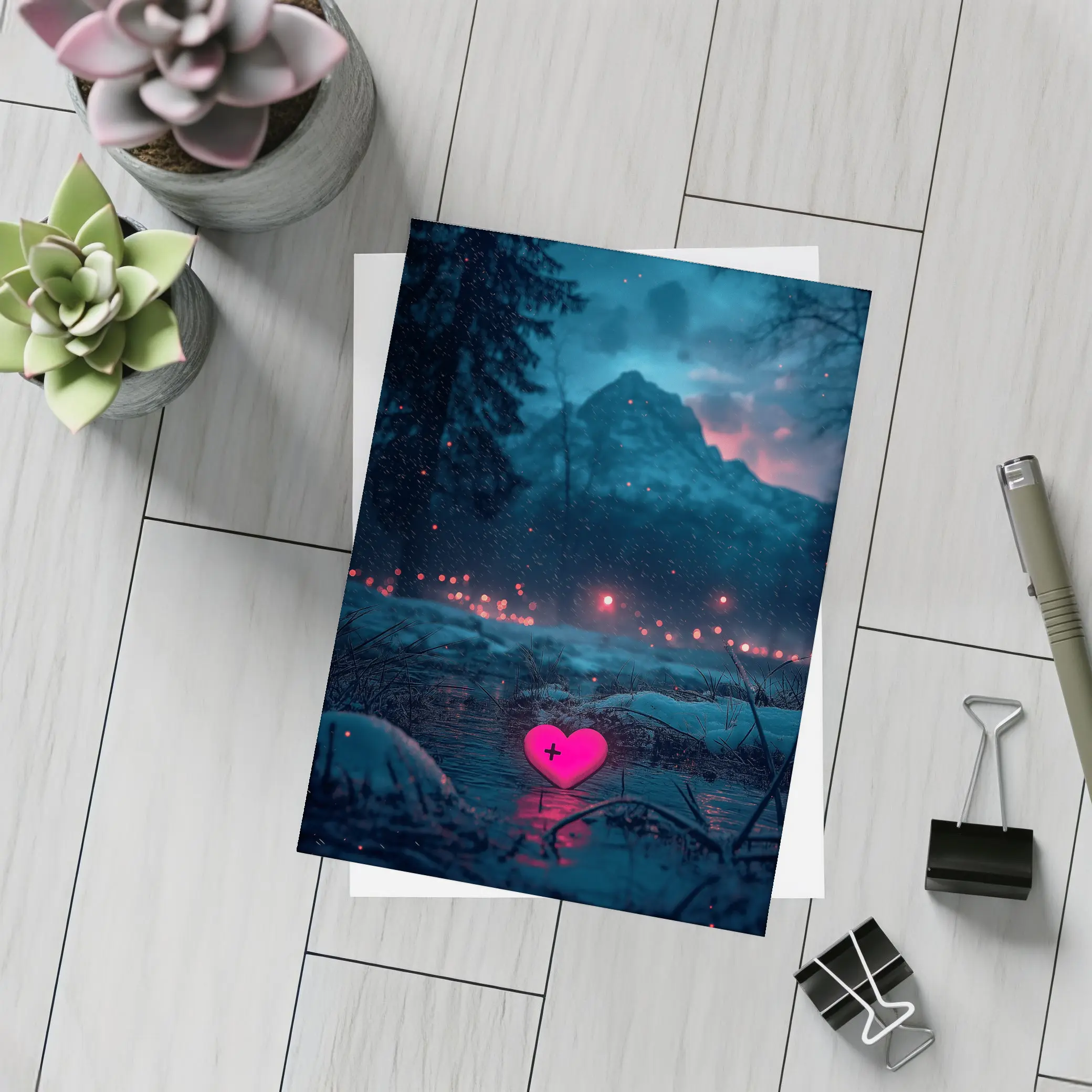 Neon Pink Heart Glowing Snowy Mountain Night – Postcards