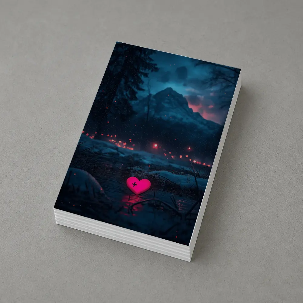Neon Pink Heart Glowing Snowy Mountain Night – Postcards