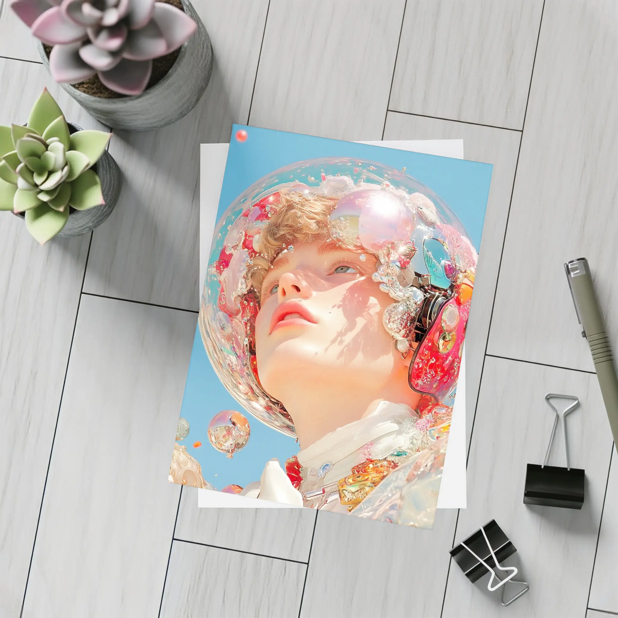 Surreal Girl Bubble Helmet Blue Sky – Postcards