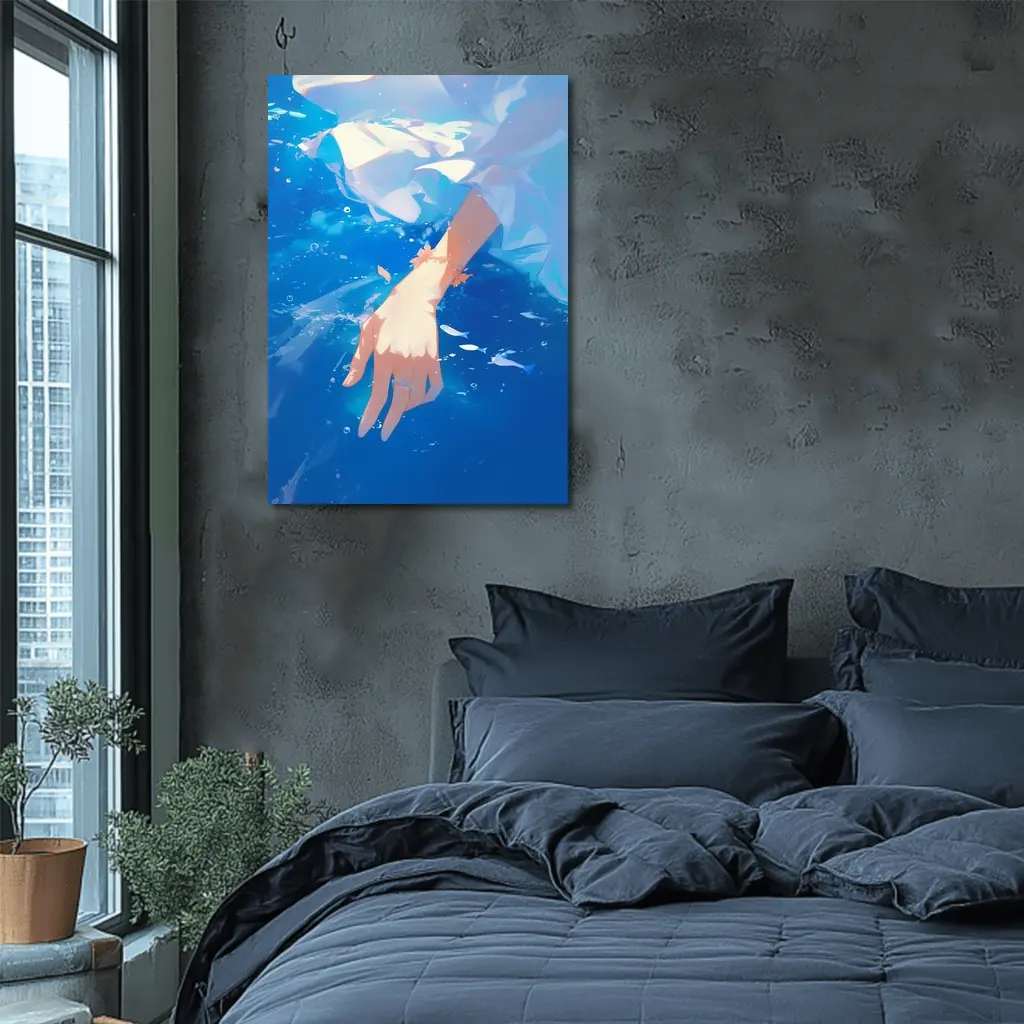 Anime Girl Hand Submerged Blue Water – Wall Art