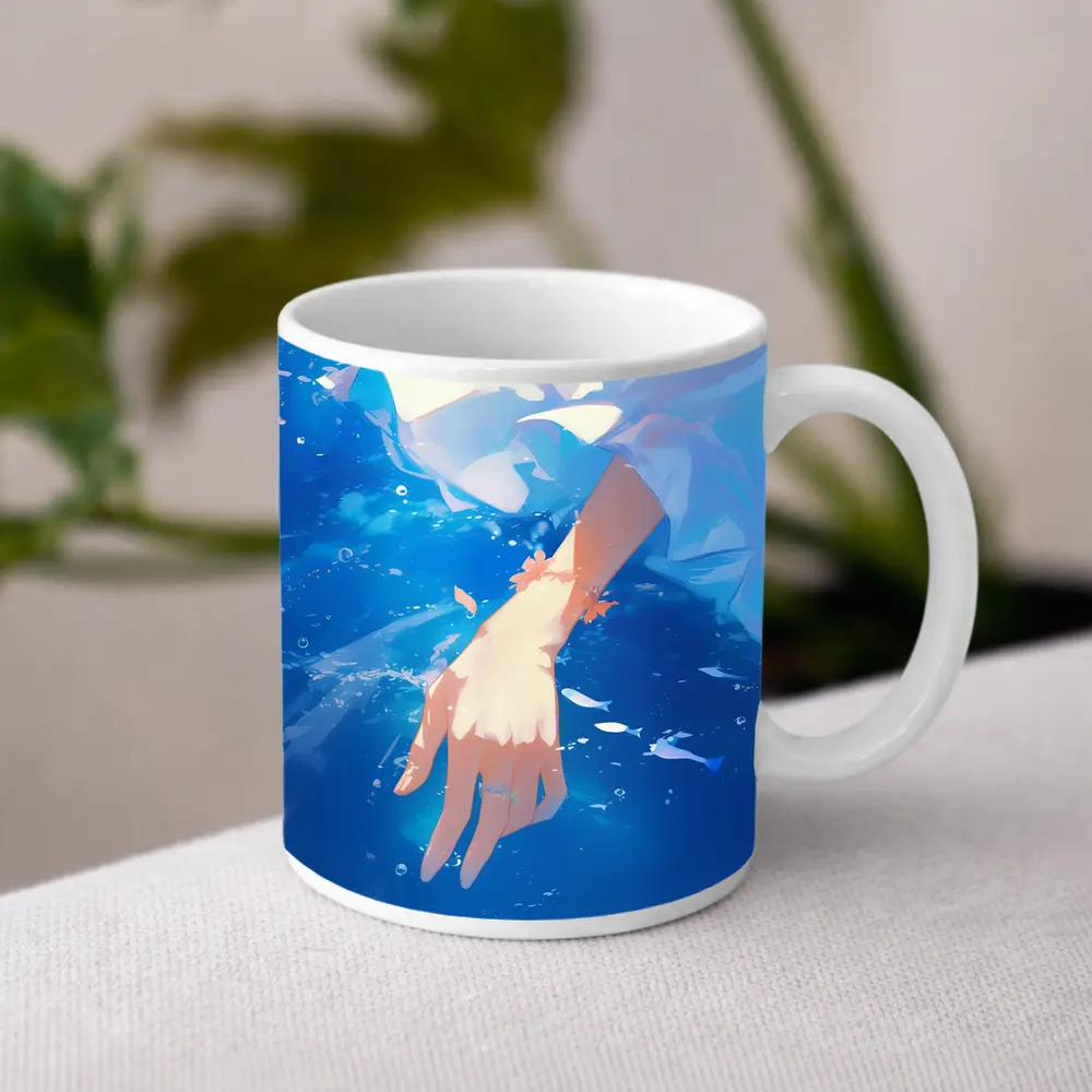 Anime Girl Hand Submerged Blue Water – Mugs