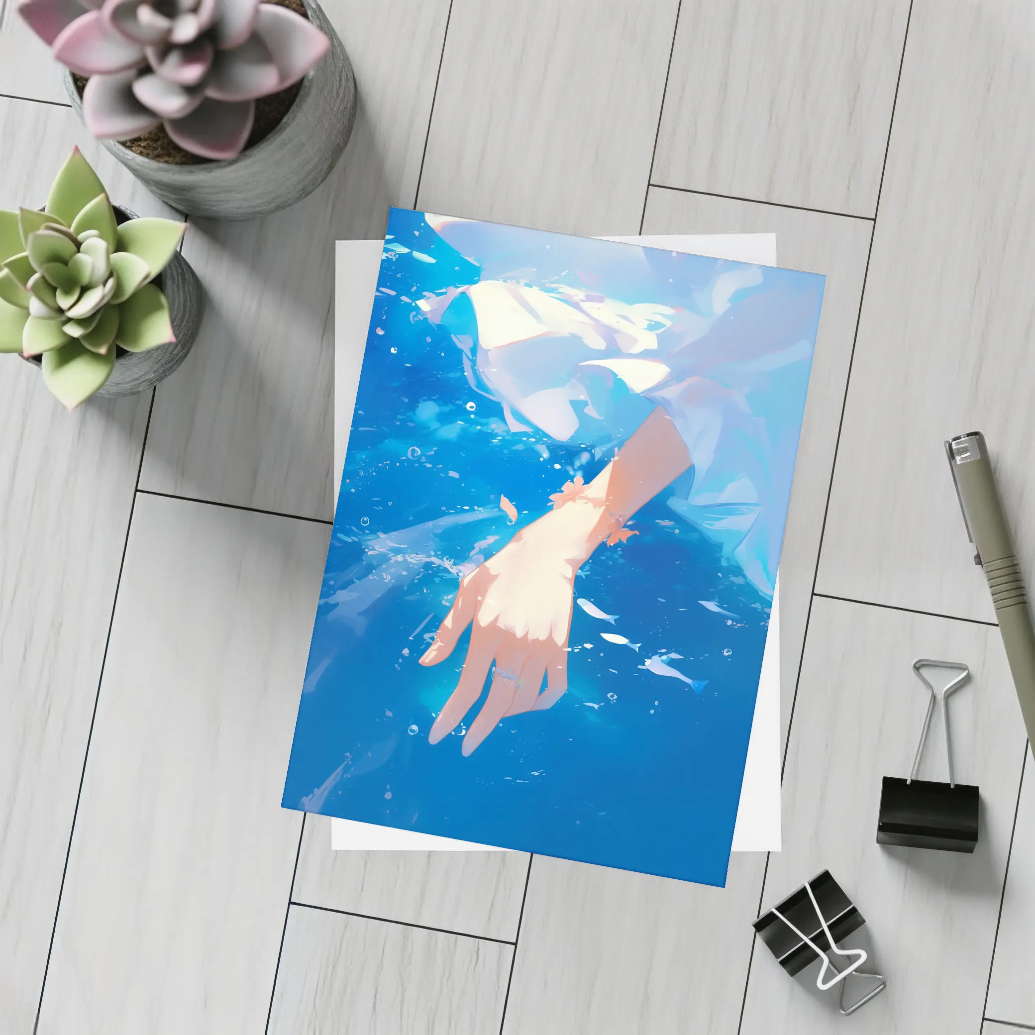 Anime Girl Hand Submerged Blue Water – Postcards