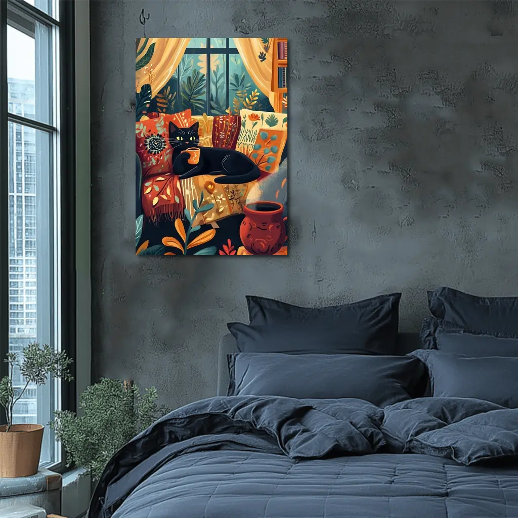 Black Cat Relaxing on Cozy Boho Couch – Wall Art