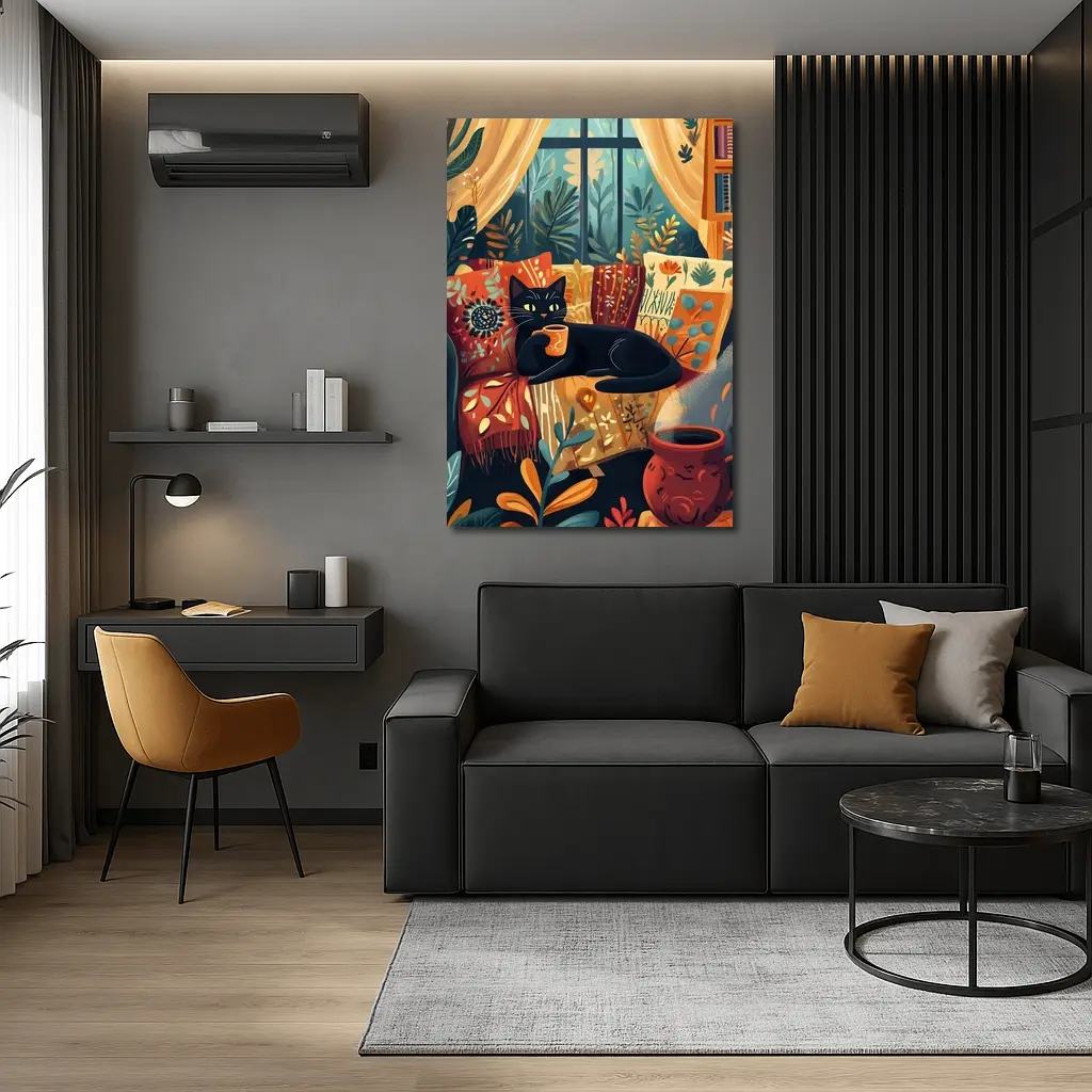 Black Cat Relaxing on Cozy Boho Couch – Wall Art