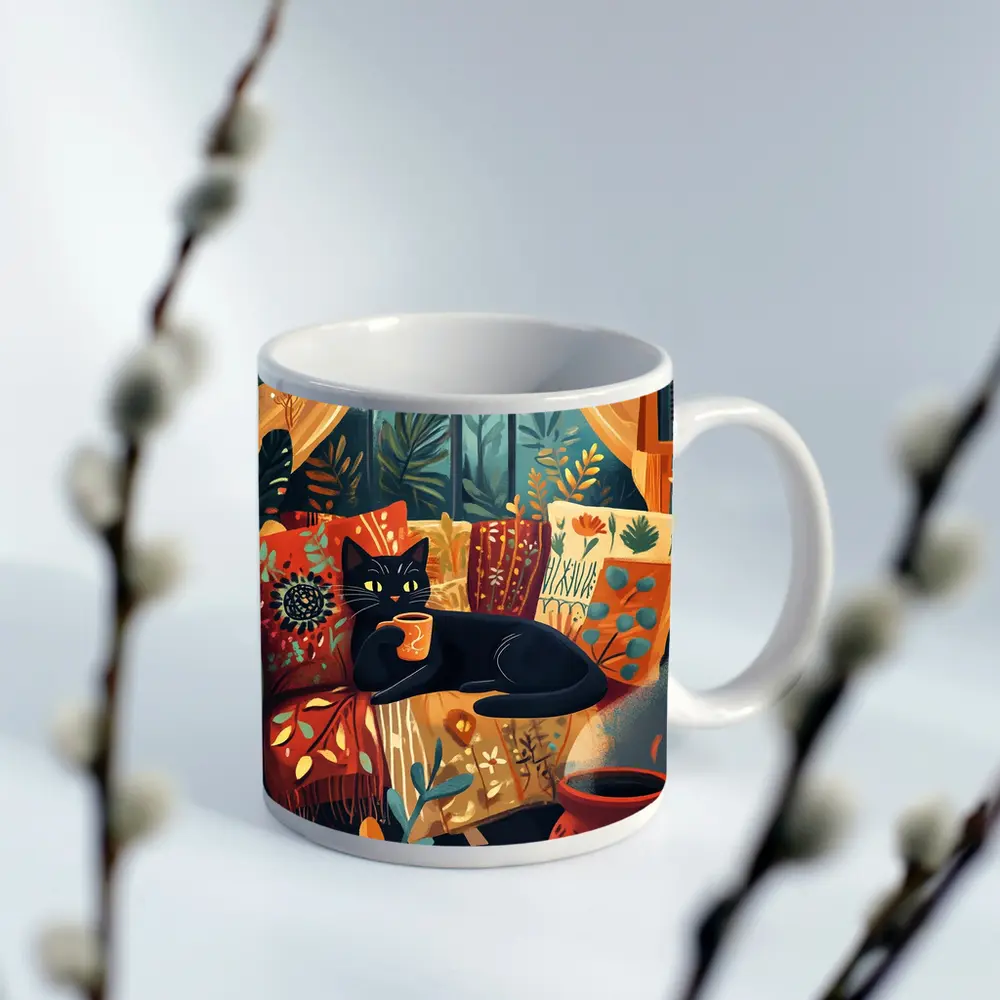 Black Cat Relaxing on Cozy Boho Couch – Mugs