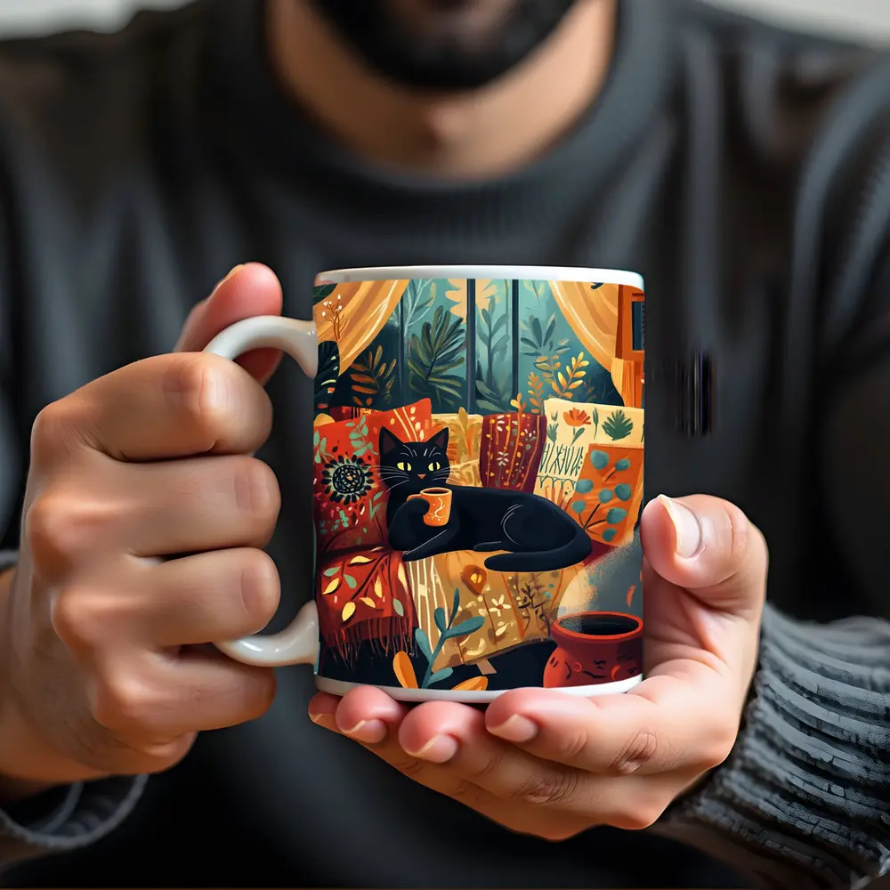 Black Cat Relaxing on Cozy Boho Couch – Mugs