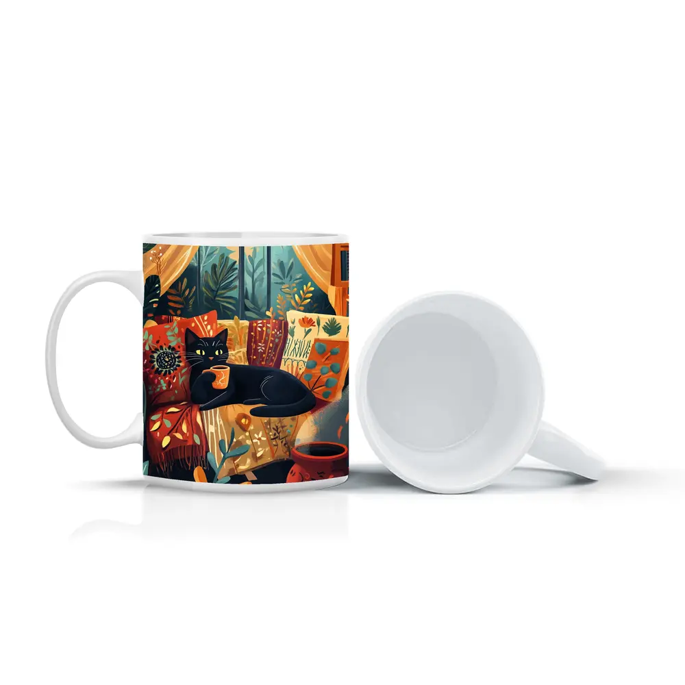 Black Cat Relaxing on Cozy Boho Couch – Mugs