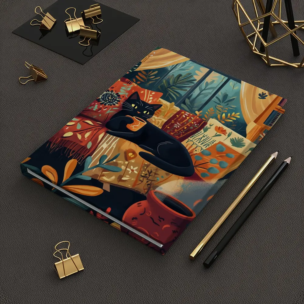 Black Cat Relaxing on Cozy Boho Couch – Notebooks