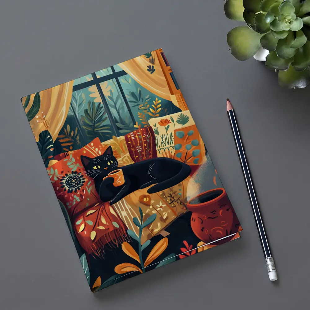 Black Cat Relaxing on Cozy Boho Couch – Notebooks