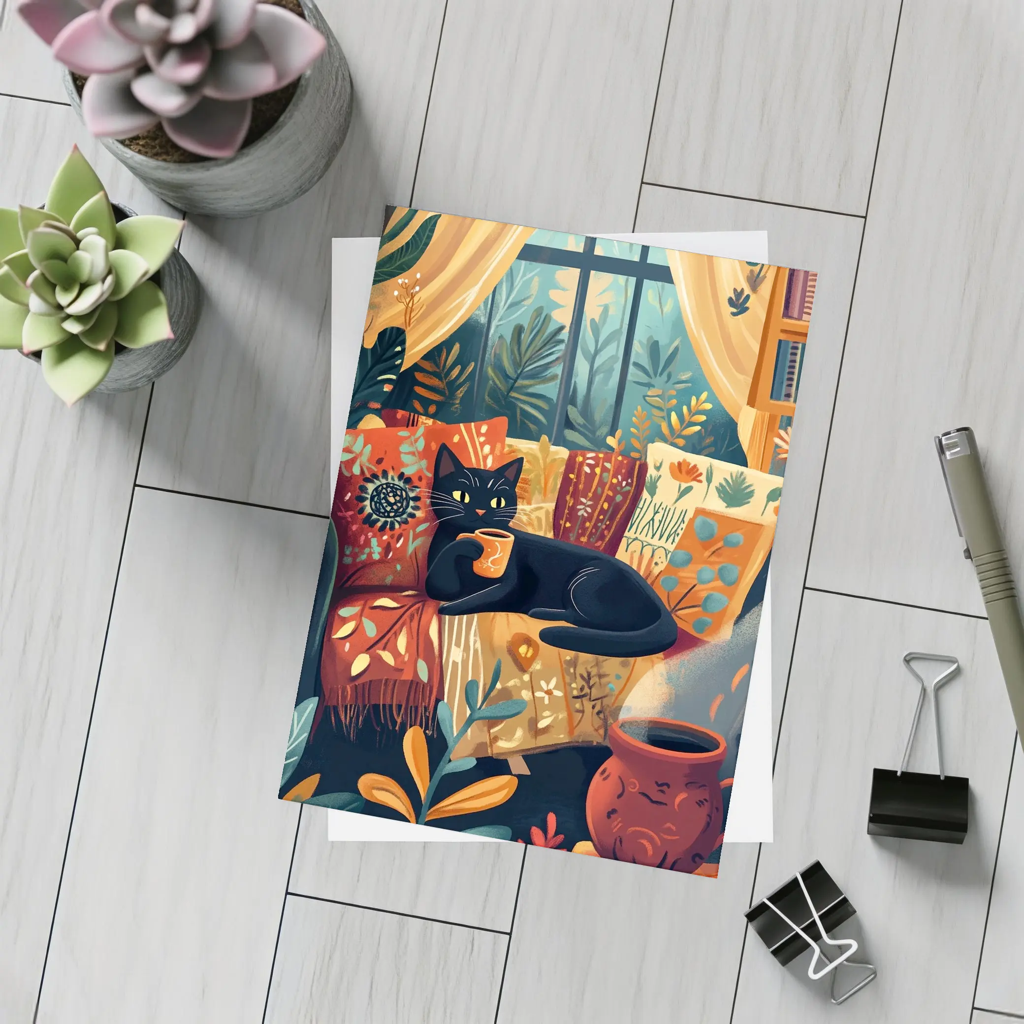 Black Cat Relaxing on Cozy Boho Couch – Postcards