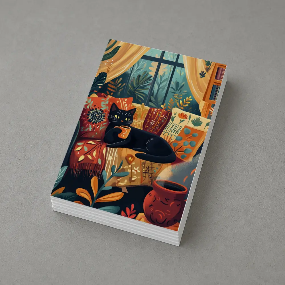 Black Cat Relaxing on Cozy Boho Couch – Postcards